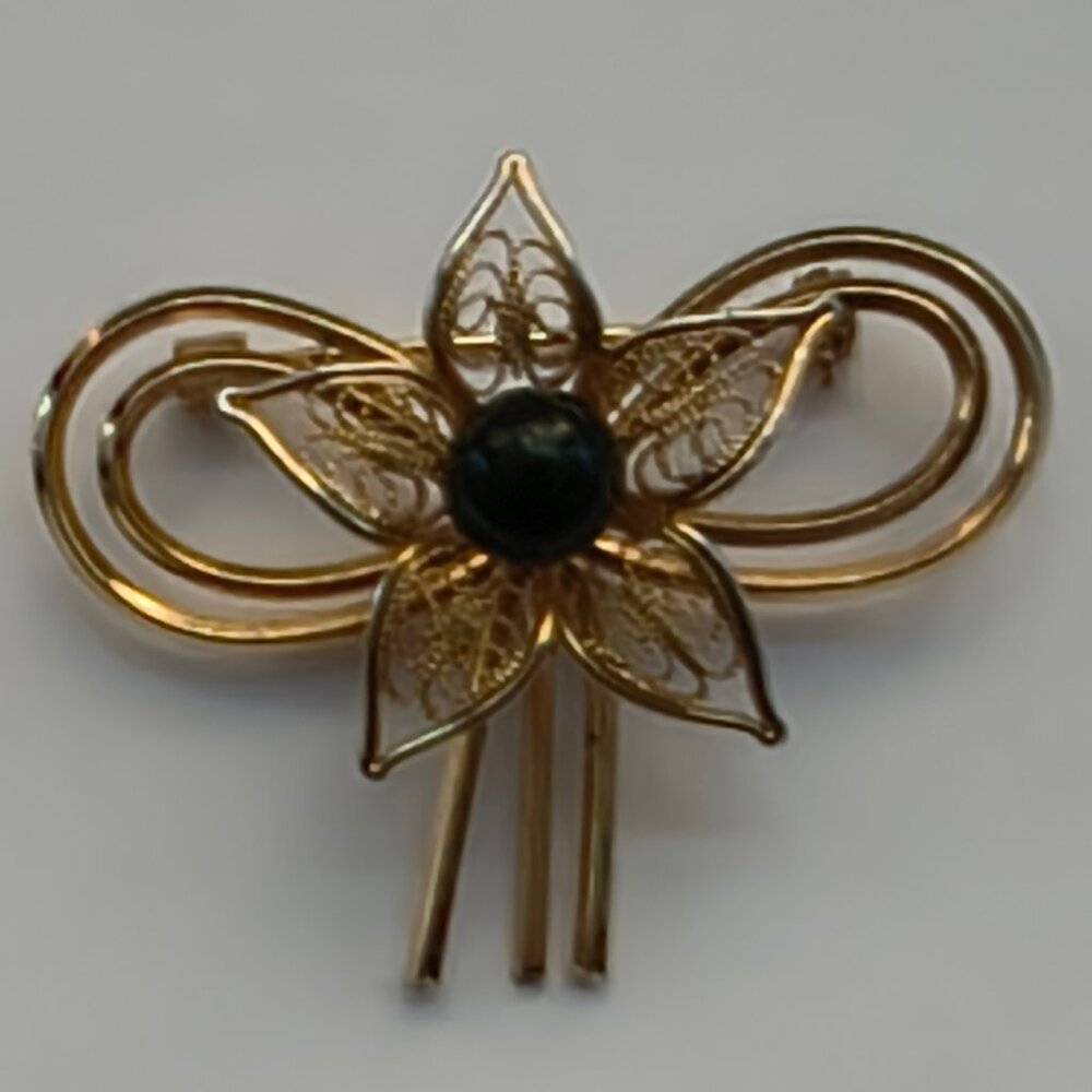 Vintage Van Dell Gold Tone Filigree Flower Brooch Pin Black Center    22